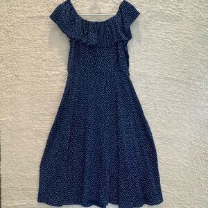 Navy Blue Polka Dot Midi Dress casual off the shoulder ruffled